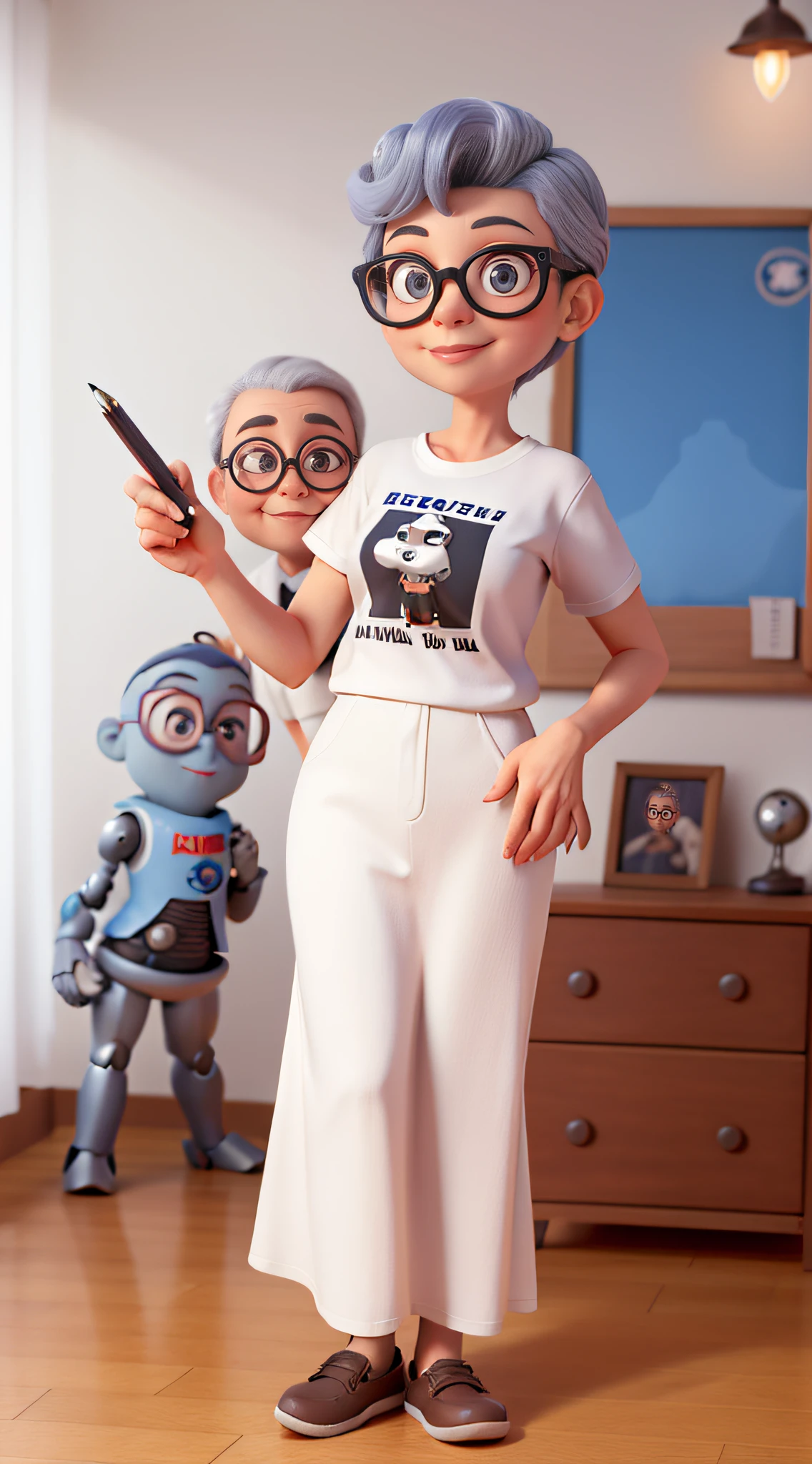 una mujer moderna, 60 años, con gafas, un mechón de pelo blanco, organizando ropa, con una camiseta negra, En una mano un bolígrafo, fondo de un armario clásico, con una iluminación del crepúsculo, cartel de pixar, alta calidad