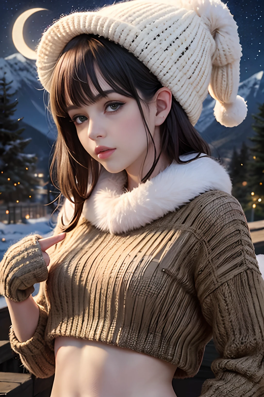 1girl, Selena Gomez, masterpiece, best quality, ultra-detailed, solo, outdoors, (night), mountains, nature, (stars, moon) cheerful, happy, mountain boots, gloves, mini sweater top, bare belly, hat, , forest, rocks, river, wood, smoke, shadows, contrast, clear sky, analog style, (look at viewer:1.2), (skin texture), close up, cinematic light, sidelighting, ultra high res, best shadow, RAW, upper body, wearing pullover top