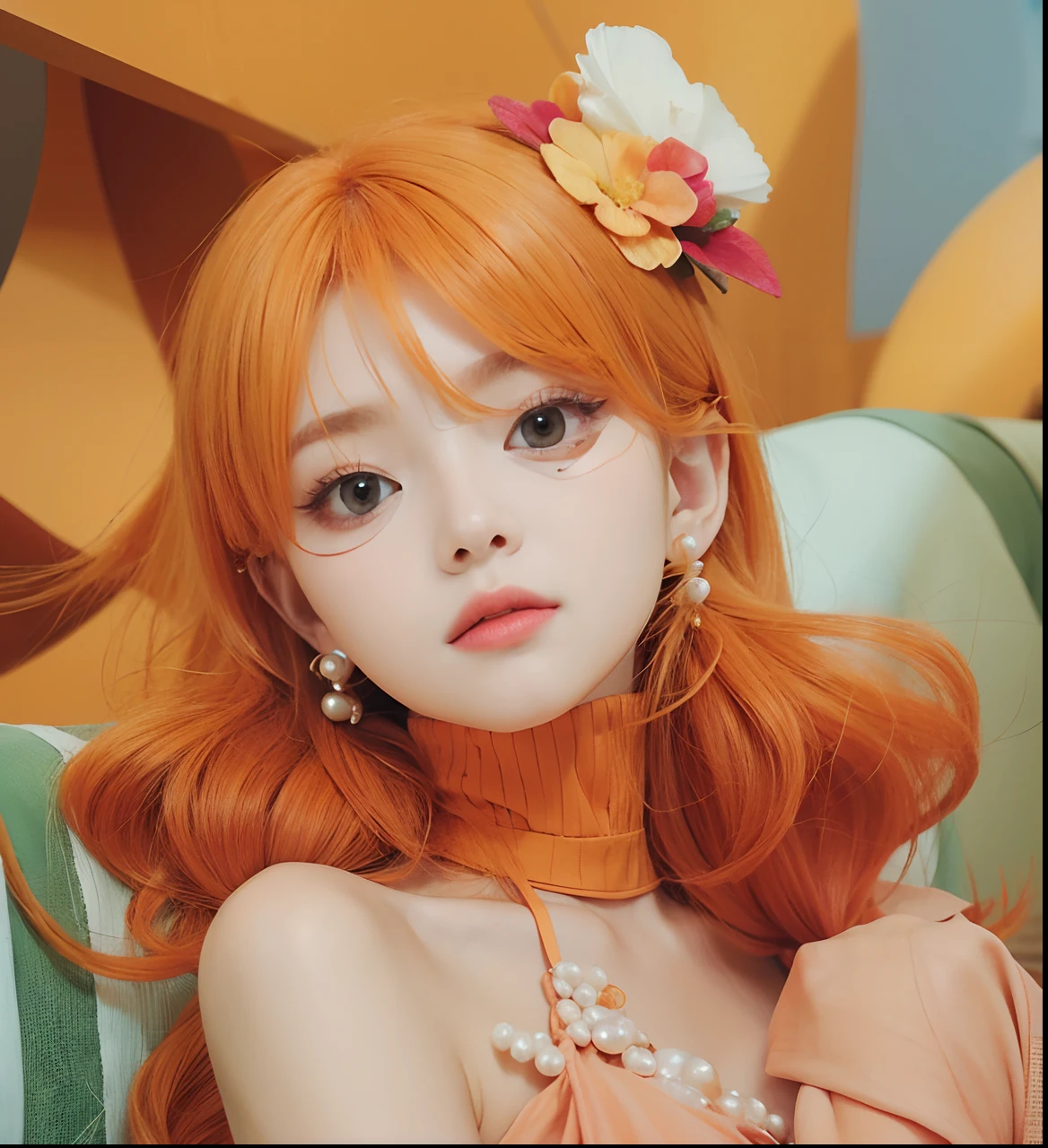 A girl with realistic orange hair, the exact same flower hair clip,Exactly the same white pearl earrings, realistic Korean beautiful face, realistic cool expression, adapt the exact same clothes, Realistic white sexy clothes, realistic big breasts, realistic light, realistic shadows, realistic background