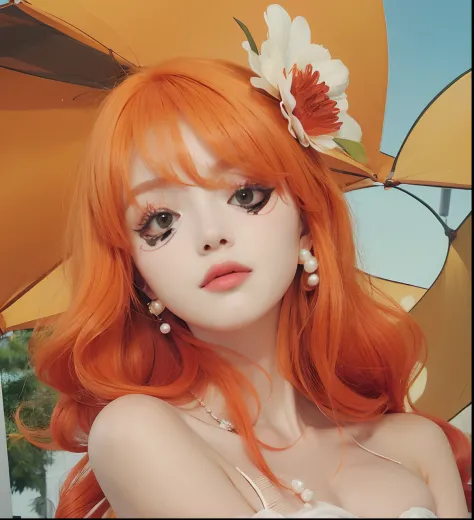 A girl with realistic orange hair, the exact same flower hair clip,Exactly the same white pearl earrings, realistic Korean beautiful face, realistic cool expression, adapt the exact same clothes, Realistic white sexy clothes, realistic big breasts, realist...