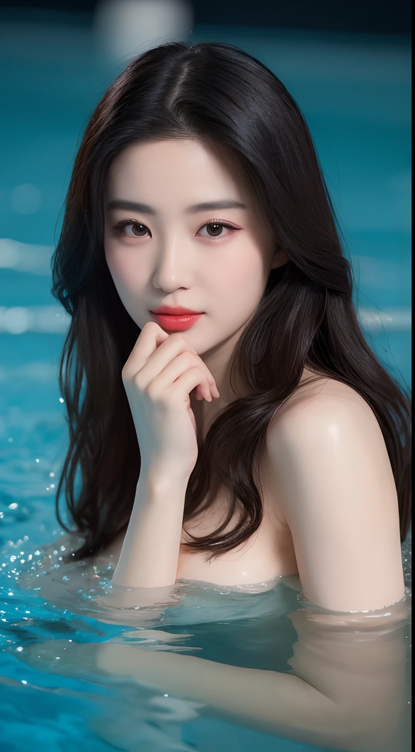 A woman in a pool with a red lip and long hair - SeaArt AI