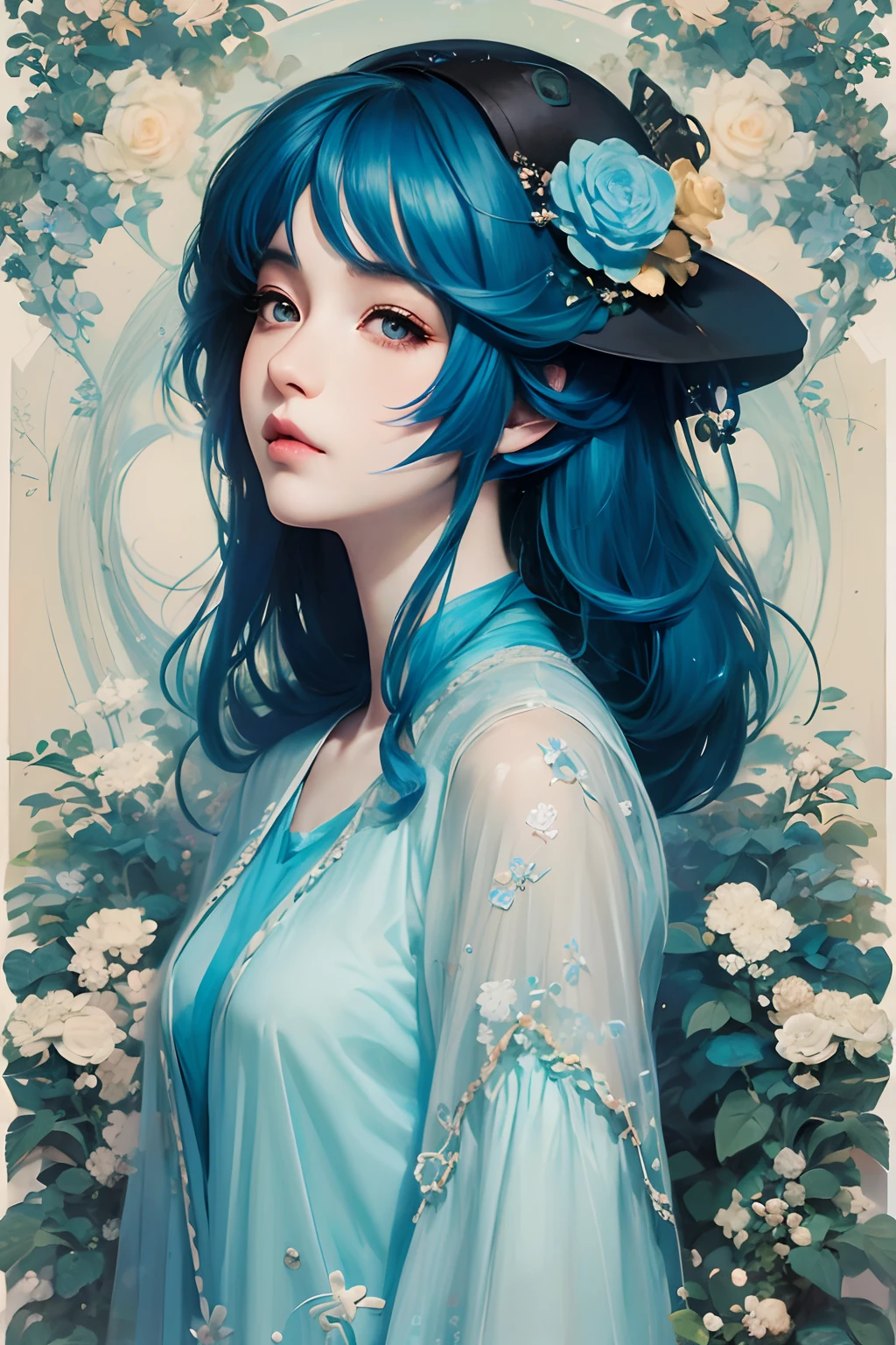 Anime girl with blue hair wearing a straw hat and a blue dress, Arte no estilo de Guweiz, retrato bonito do anime, Guweiz, menina anime bonita, Estilo anime bonito, Menina anime com cabelo martelo, estilo anime. 8k, No estilo de arte de Bowater, Beautiful digital illustration, pintura de personagem bonita, retrato impressionante do rosto do anime