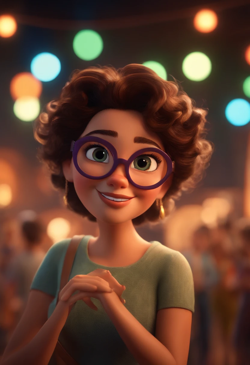 Pixar style image with 3D character white glasses brunette woman short curly hair dancing, Maquiagem Disney,Pescador, bonitinho, sorridente ,Close-up, Pixar, Disney, Cinema lighting,