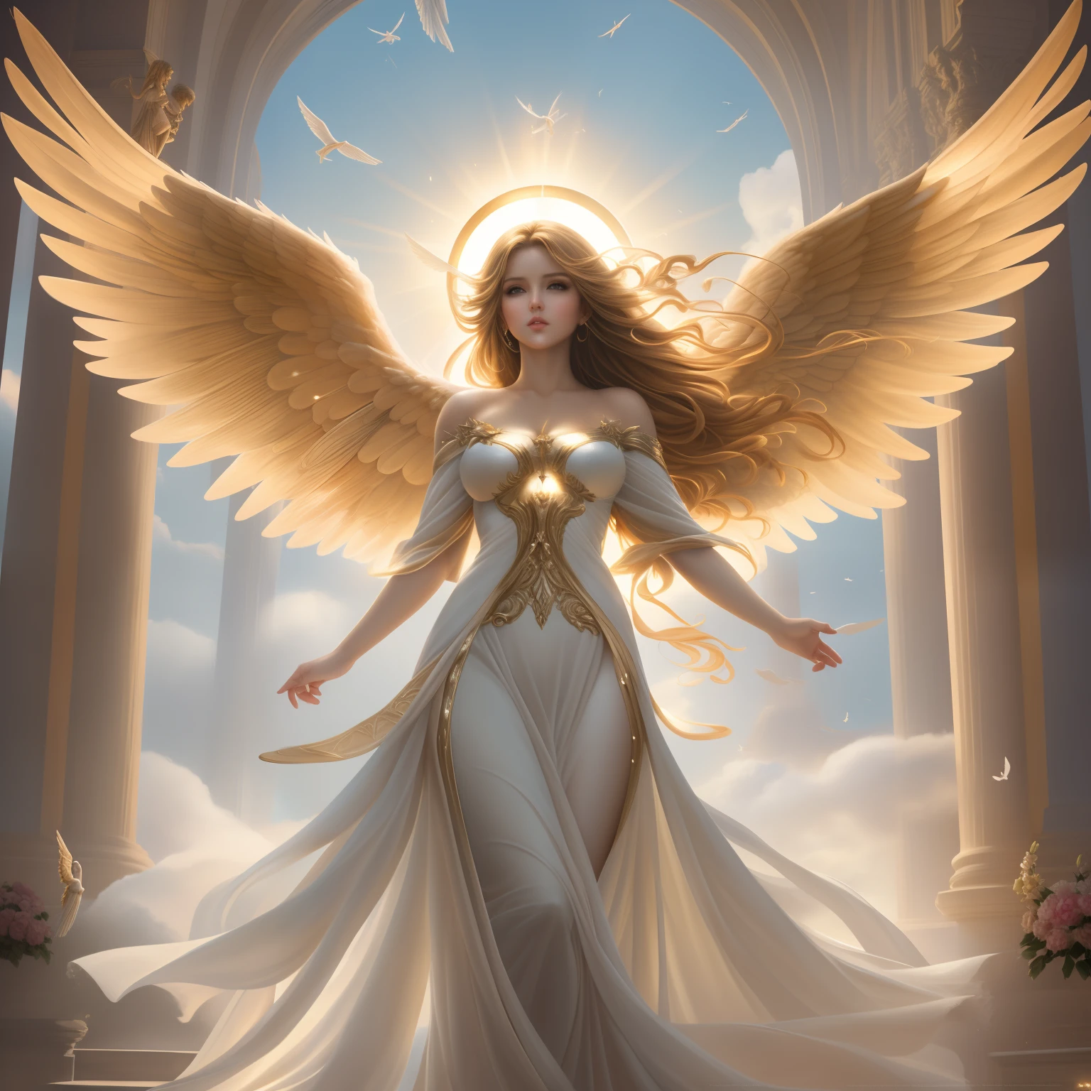 full - body majestic angel, beautiful female angel, of beautiful angel, portrait of a beautiful angel, beautiful angel, tall female angel, an angel of the dawn light, angelic light, full of paintings of angels, ethereal angelic being of light, artgerm julie bell beeple