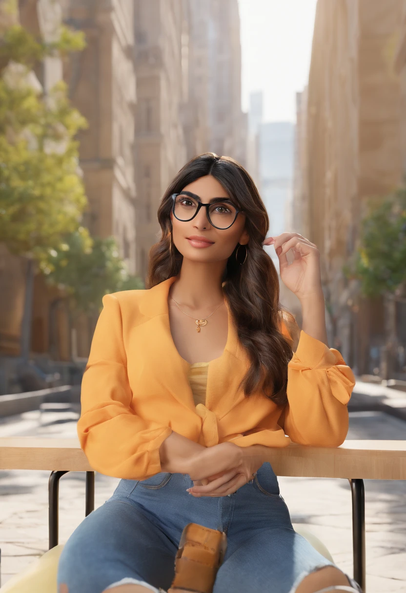 Araffe woman sitting on a bench in a city with a yellow blazer - SeaArt AI