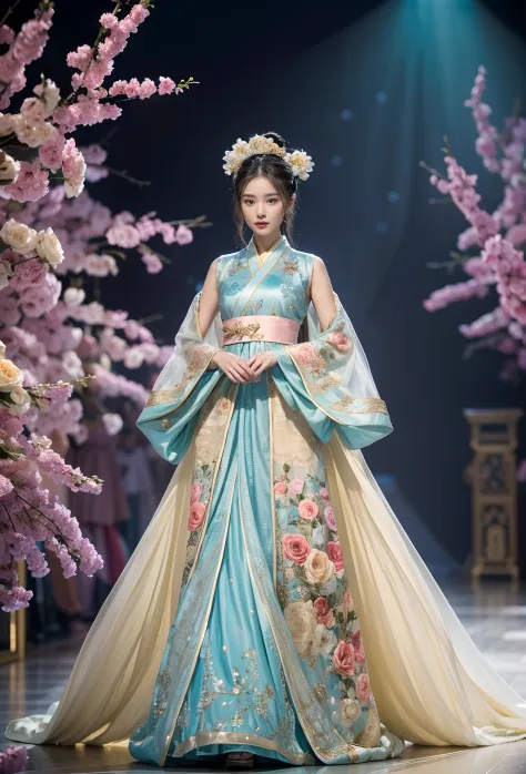 Beautiful model walking on the catwalk，Perform modeling steps。Wear Ming Dynasty Hanfu clothes，Rose long dress，Princess dress，Gor...