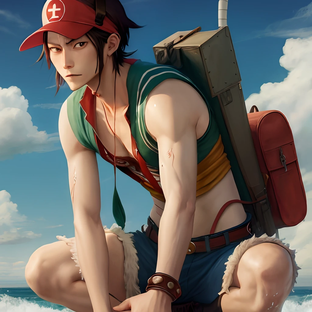 Chico anime con una mochila y una mochila en la espalda arrodillado en la  playa - SeaArt AI