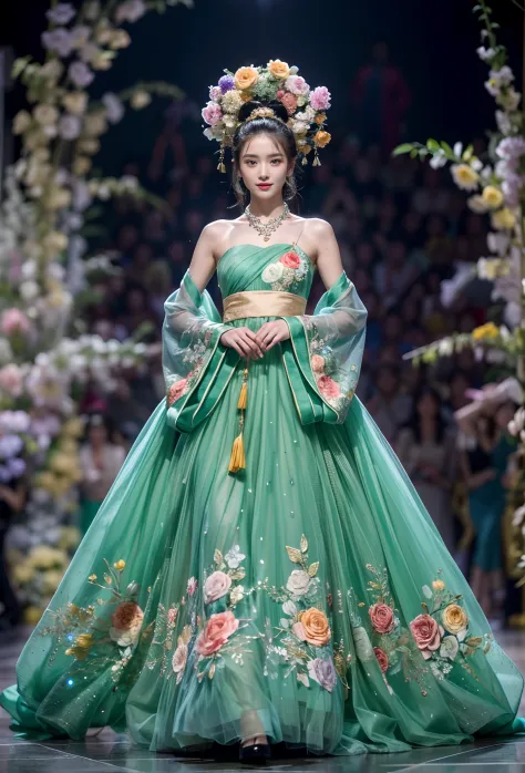 Beautiful model walking on the catwalk，Perform modeling steps。Wear Ming Dynasty Hanfu clothes，Rose long dress，Princess dress，Gor...