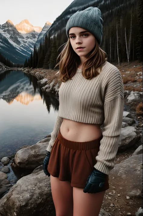 1girl, Emma Watson, ((upper body happy)), masterpiece, best quality, ultra-detailed, solo, outdoors, (night), mountains, nature, (stars, moon) cheerful, happy, backpack, sleeping bag, camping stove, mountain boots, gloves, mini sweater top, bare belly, hat...