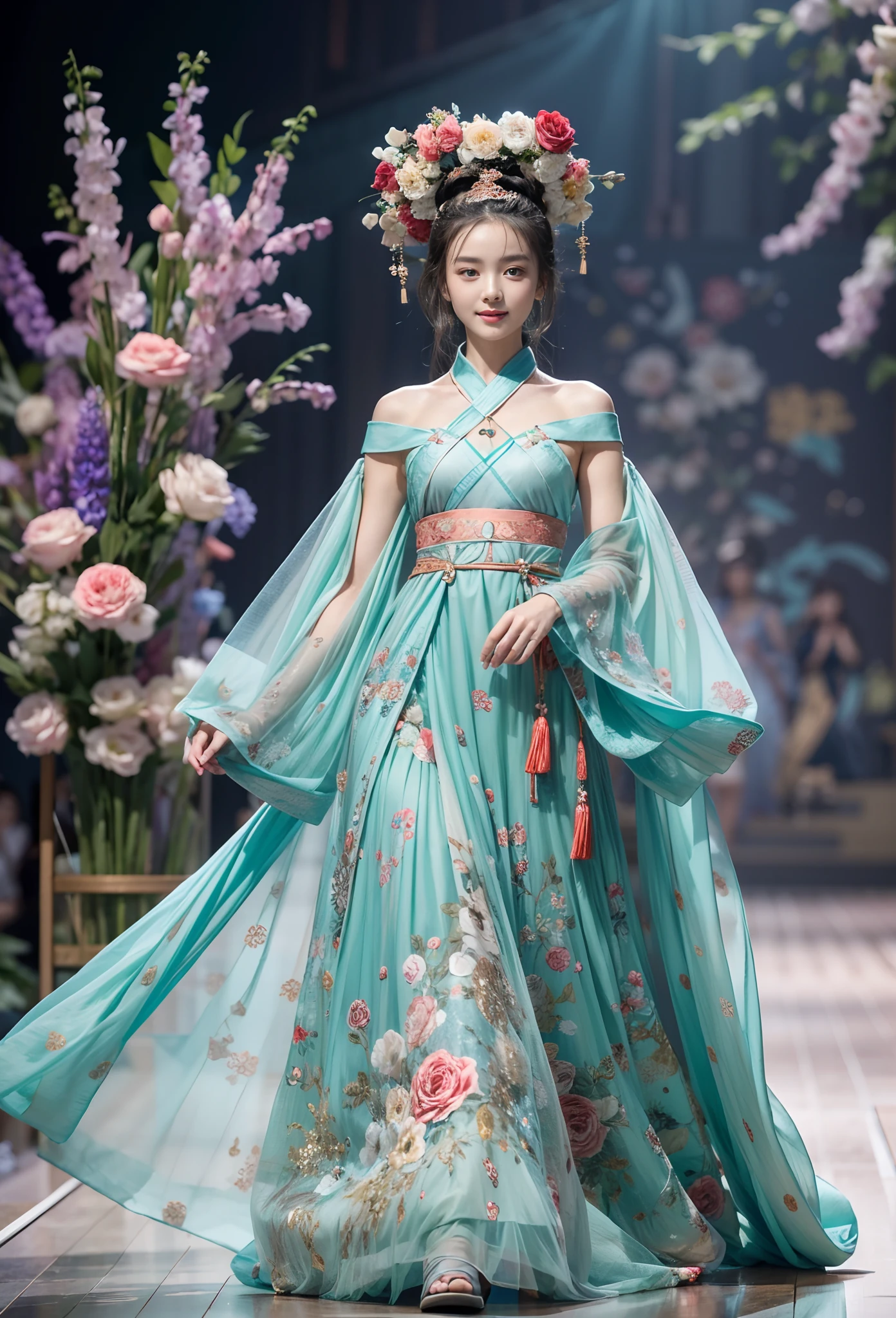 Beautiful model walking on the catwalk，Perform modeling steps。Wear Ming Dynasty Hanfu clothes，Rose long dress，Princess dress，Gorgeous vintage court style dress，Long skirt，maxiskirt，Large hem，The hem of the long skirt is close to the floor，The style is a Hanfu Fashion Week haute couture dress，Advanced customization，Private customization，Fashion show model，Big show，There are tulle jewelry on the skirt。A necklace is worn around his neck，short detailed hair，Hair coiled up，Headwear，largeeyes，Very beautiful and moving，((There was only one female model walking on the catwalk))，Men and women make up a large portion，The catwalk was covered with flowers，The background is covered with flowers，The female model had a smile on her face，standing on your feet，The posture is elegant and dignified，Realistic photo images，8K, hyper HD, Masterpiece, ccurate, Textured skin, High details, Best quality, Award-Awarded，Long-range shooting，Sense of distance