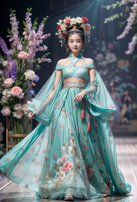 Beautiful model walking on the catwalk，Perform modeling steps。Wear Ming Dynasty Hanfu clothes，Rose long dress，Princess dress，Gor...