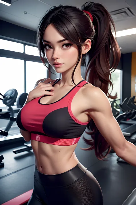 NSFW,A imagem mostra uma mulher, Consisting of a black sports bra and red leggings. The two women are together in a room, possibly a gym or a studio, And she's posing for the camera. fazendo agachamento, The clothes are designed to be comfortable and funct...