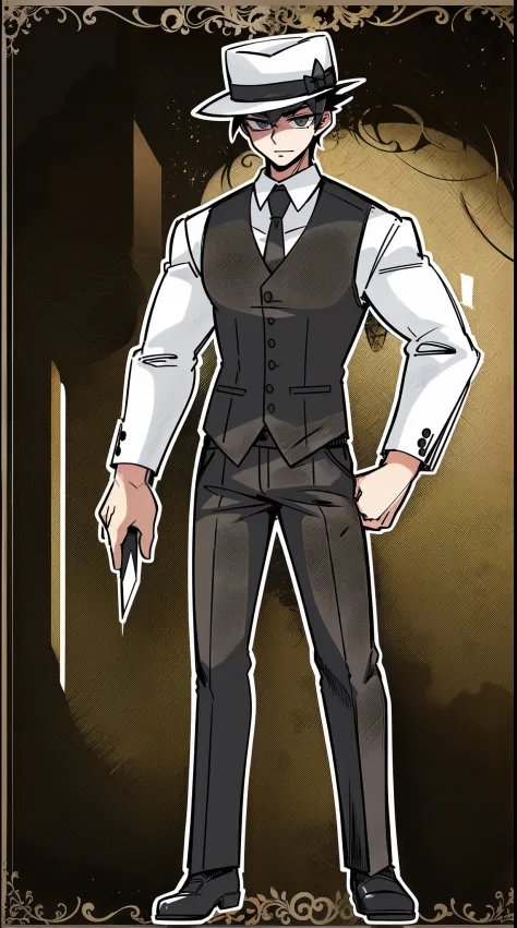 butler vest, pants white and black cloths, half bald , black hair, glass, hat, black cloths
