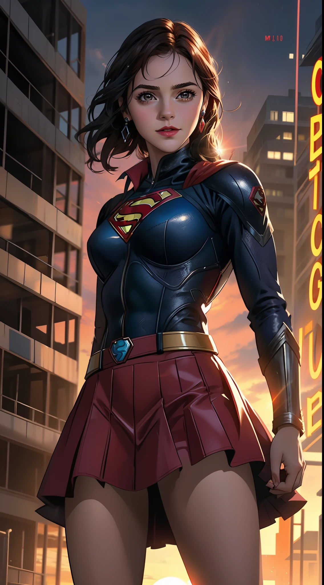 Un primer plano de una mujer con un disfraz de Superman de pie en una ciudad, Superchica, Gal Gadot como Supergirl, superhero body, super-hero girl, Super model, Superhero, amouranth as a super villain, hybrid of gal gadot, super hero, Gal Gadot as the Lord of Hell, the strongest superhero, Emma Watson como Supergirl,Apocalyptic destroyed city, lluvia cayendo, More detailed 8K.motor irreal:1.4,UHD,La mejor calidad:1.4, fotorrealista:1.4, textura de la piel:1.4, obra maestra:1.8,obra-prima, mejor calidad,objeto Objeto], (detailed face features:1.3),(mini-skirt red:1.4),(mostrando vientre plano:1.4),(puesta de sol Apocalyptic:1.4), (cabello largo  rojo:1.