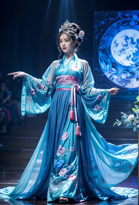Beautiful model walking on the catwalk，Perform modeling steps。Wear Ming Dynasty Hanfu，Rose long dress，Princess dress，Gorgeous vi...
