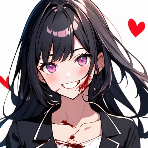 1 girl,solo,black hair,yandere,blood on face,crazy smile,masterpiece, best quality,