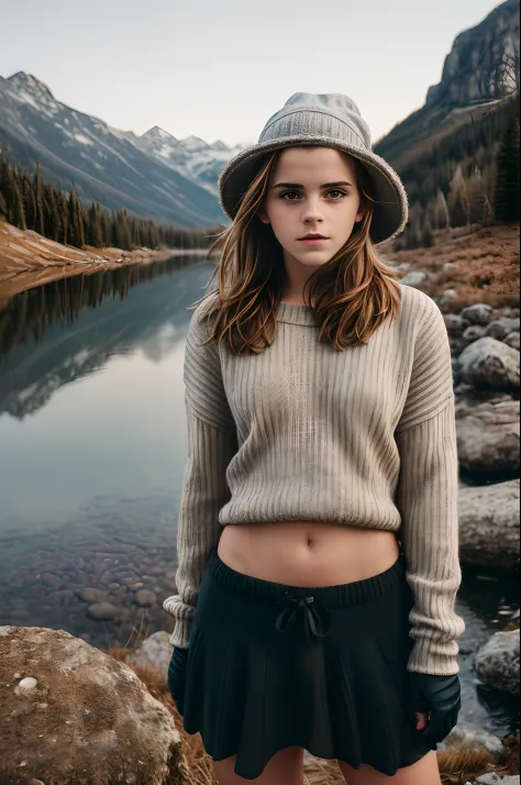 1girl, Emma Watson, ((upper body happy)), masterpiece, best quality, ultra-detailed, solo, outdoors, (night), mountains, nature, (stars, moon) cheerful, happy, backpack, sleeping bag, camping stove, mountain boots, gloves, mini sweater top, bare belly, hat...