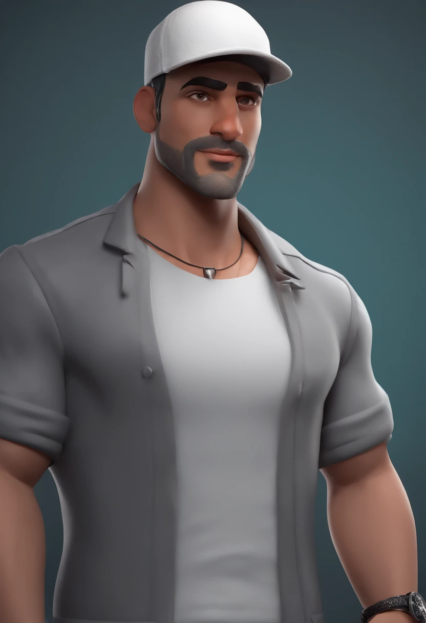 Cartoon character of a man wearing white cap and a gray shirt, an animated character,shaven hair,slanted eyes,stylized character, animation style rendering, 3d stylized, But Arnaldo