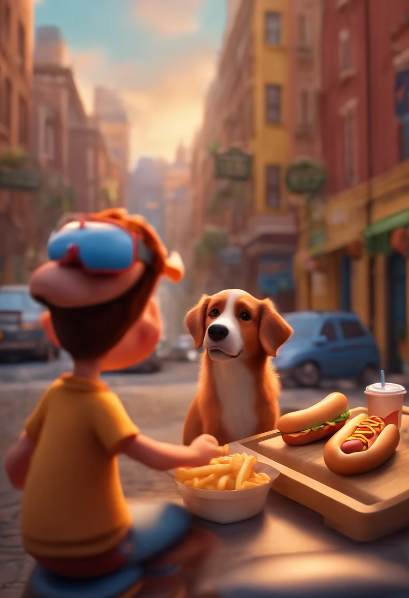 Cartoon dog sitting on a table with a tray of food and a boy with a dog -  SeaArt AI