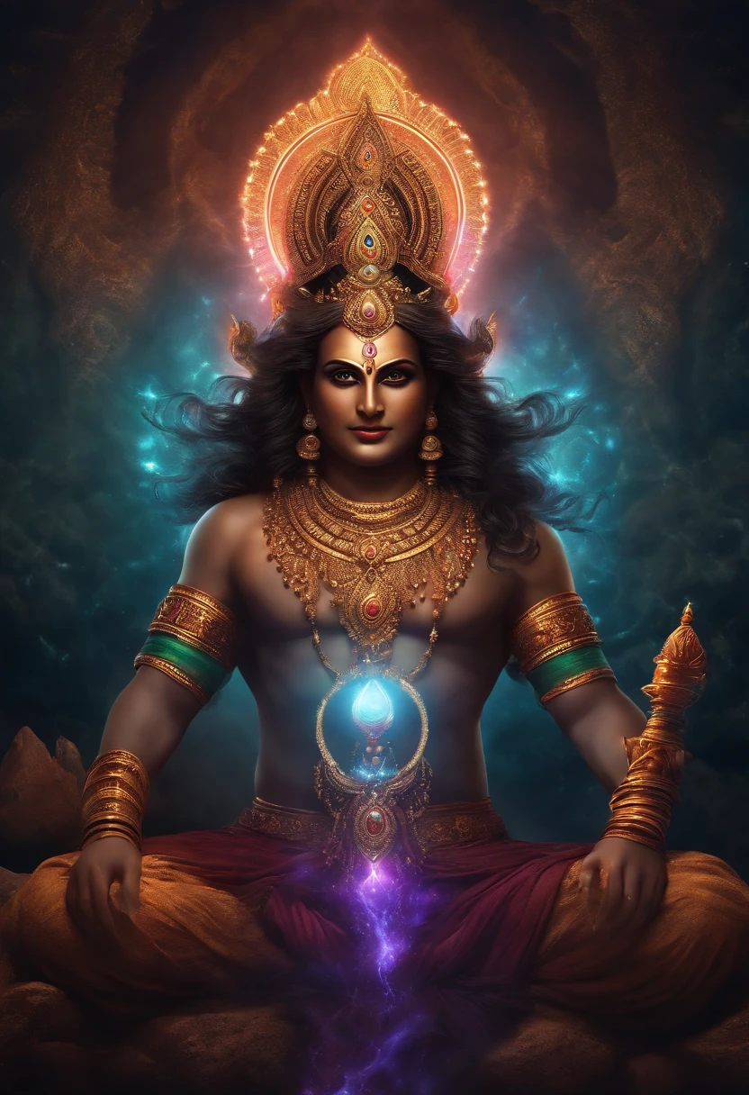 hindu mythical god, glowing light eyes, superpower, eerie, Creepy