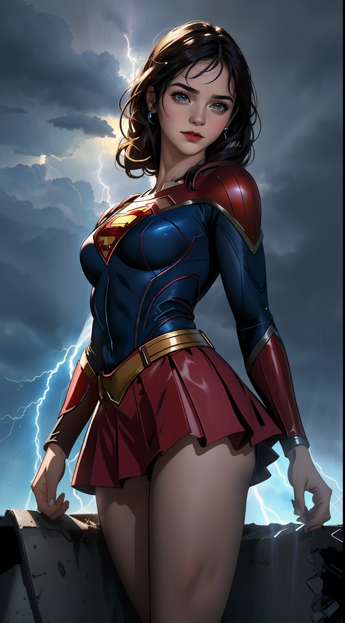 Un primer plano de una mujer con un disfraz de Superman de pie en una ciudad, Superchica, Gal Gadot como Supergirl, superhero body, super-hero girl, Super model, Superhero, amouranth as a super villain, hybrid of gal gadot, super hero, Gal Gadot as the Lord of Hell, the strongest superhero, Emma Watson como Supergirl,Apocalyptic destroyed city, lluvia cayendo, More detailed 8K.motor irreal:1.4,UHD,La mejor calidad:1.4, fotorrealista:1.4, textura de la piel:1.4, obra maestra:1.8,obra-prima, mejor calidad,objeto Objeto], (detailed face features:1.3),(mini-skirt red:1.4),(mostrando vientre plano:1.4),(puesta de sol Apocalyptic:1.4),(White Superhero Costume:1.4),(cabello blanco canoso:1.4),(Rainy blue lightning background:1.4)