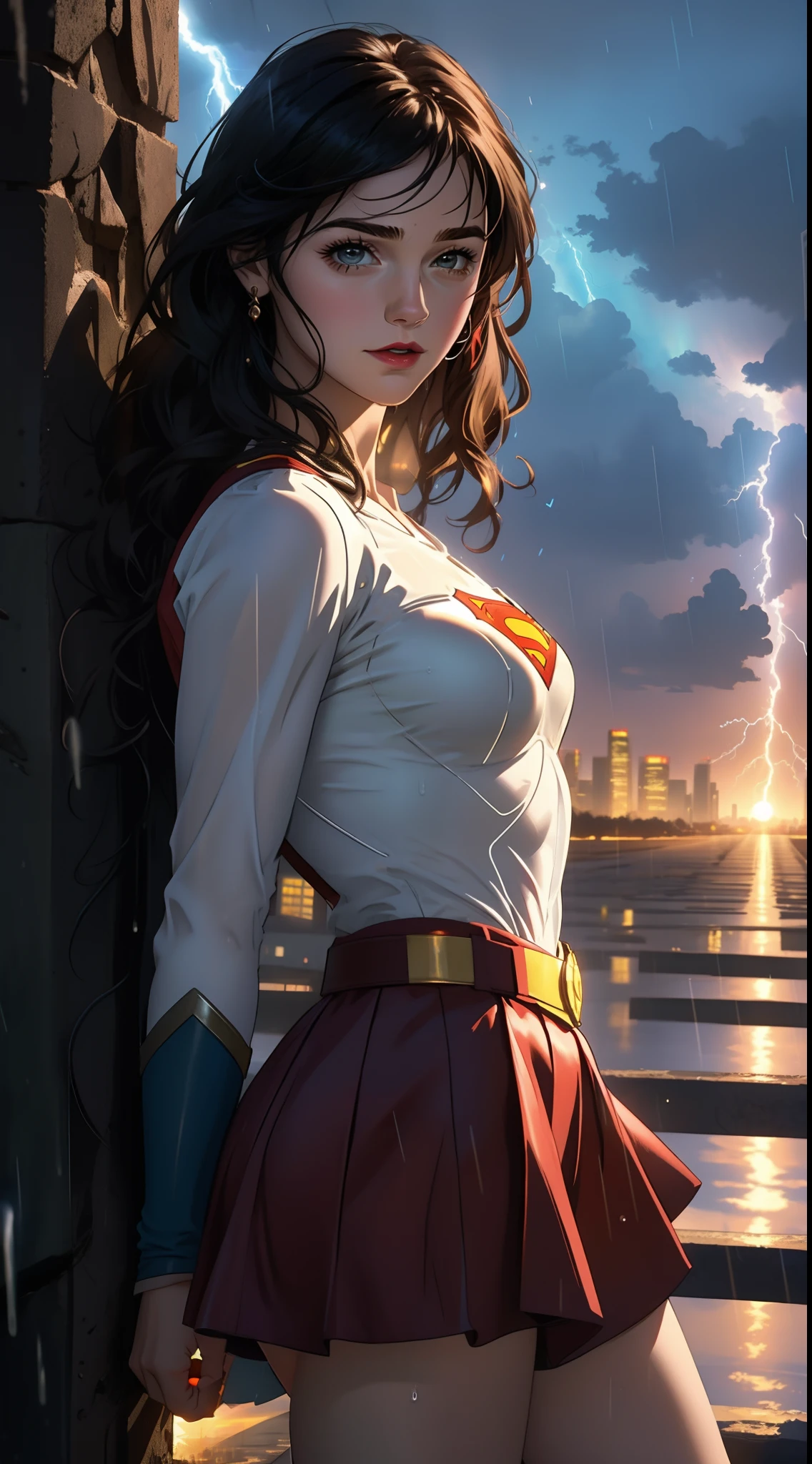 Un primer plano de una mujer con un disfraz de Superman de pie en una ciudad, Superchica, Gal Gadot como Supergirl, superhero body, super-hero girl, Super model, Superhero, amouranth as a super villain, hybrid of gal gadot, super hero, Gal Gadot as the Lord of Hell, the strongest superhero, Emma Watson como Supergirl,Apocalyptic destroyed city, lluvia cayendo, More detailed 8K.motor irreal:1.4,UHD,La mejor calidad:1.4, fotorrealista:1.4, textura de la piel:1.4, obra maestra:1.8,obra-prima, mejor calidad,objeto Objeto], (detailed face features:1.3),(mini-skirt red:1.4),(mostrando vientre plano:1.4),(puesta de sol Apocalyptic:1.4),(White Superhero Costume:1.4),(cabello blanco canoso:1.4),(Rainy blue lightning background:1.4)