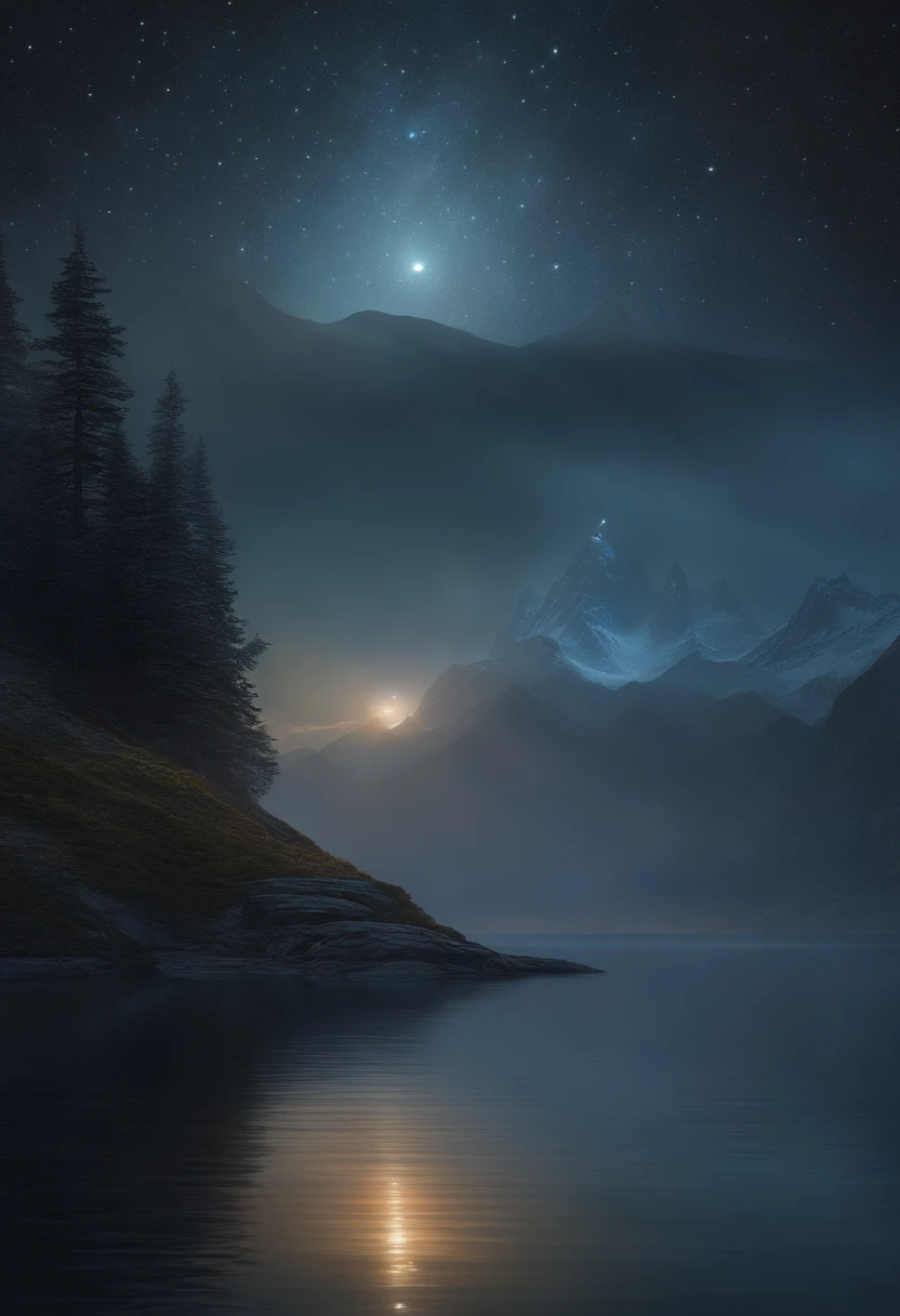 A painting of a mountain with a full moon and a lake - SeaArt AI