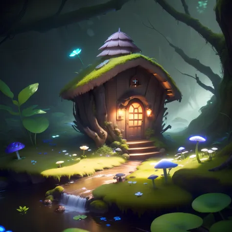 masterpiece, bestquality, (extremely detailed cg unity 8k wallpaper), (bestquality), (best illustration), (best shadows),（ A mushroom house covered with moss）,（dew）,（timbo）,（creek）,firefly,clover,wtarlight surrounds the room，petal, isometric 3D, octanerend...