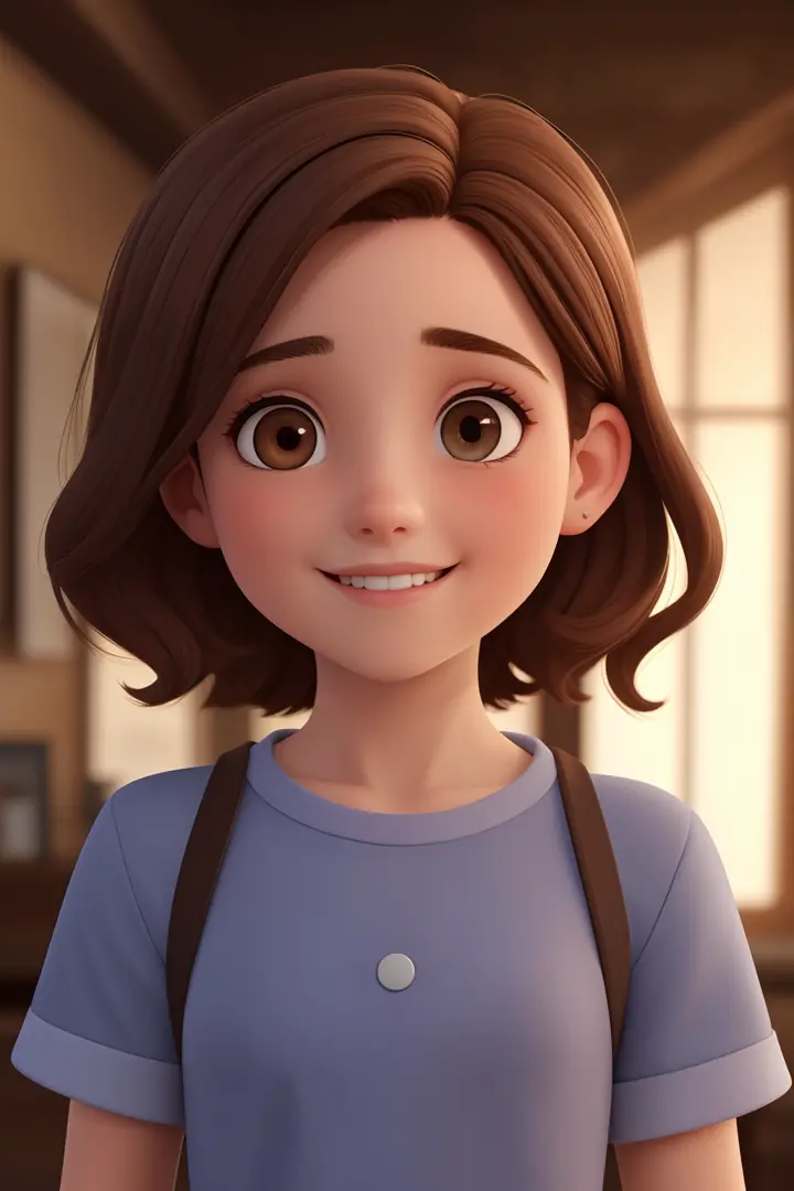 Uma mulher de 10 anos, with medium brown hair , Rosto redondo, rosto redondo com sorriso encantador, e olhos castanhos escuros.
