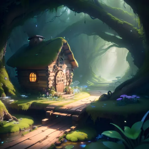 masterpiece, bestquality, (extremely detailed cg unity 8k wallpaper), (bestquality), (best illustration), (best shadows),（ A mushroom house covered with moss）,（dew）,（timbo）,（creek）,firefly,clover,wtarlight surrounds the room，petal, isometric 3D, octanerend...