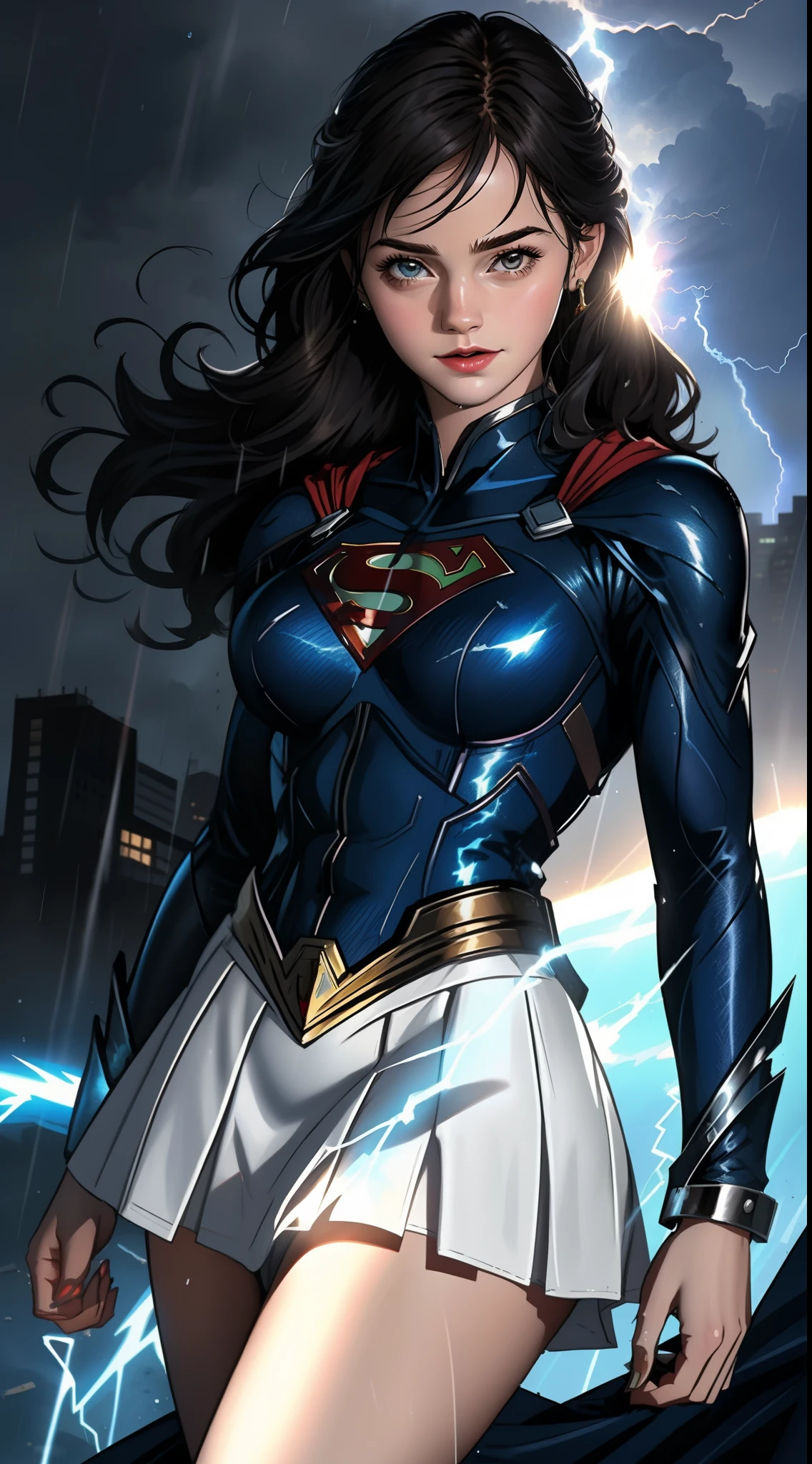 Un primer plano de una mujer con un disfraz de Superman de pie en una ciudad, Superchica, Gal Gadot como Supergirl, superhero body, super-hero girl, Super model, Superhero, amouranth as a super villain, hybrid of gal gadot, super hero, Gal Gadot as the Lord of Hell, the strongest superhero, Emma Watson como Supergirl,Apocalyptic destroyed city, lluvia cayendo, More detailed 8K.motor irreal:1.4,UHD,La mejor calidad:1.4, fotorrealista:1.4, textura de la piel:1.4, obra maestra:1.8,obra-prima, mejor calidad,objeto Objeto], (detailed face features:1.3),(mini-skirt white:1.4),(mostrando vientre plano:1.4),(puesta de sol Apocalyptic:1.4),(White Superhero Costume:1.4),(cabello blanco canoso:1.4),(Rainy blue lightning background:1.4)