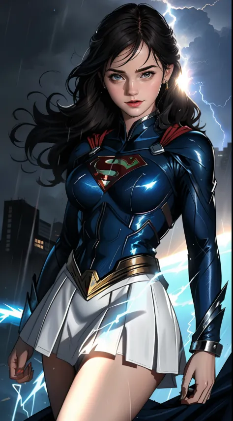 Un primer plano de una mujer con un disfraz de Superman de pie en una ciudad, Superchica, Gal Gadot como Supergirl, superhero bo...
