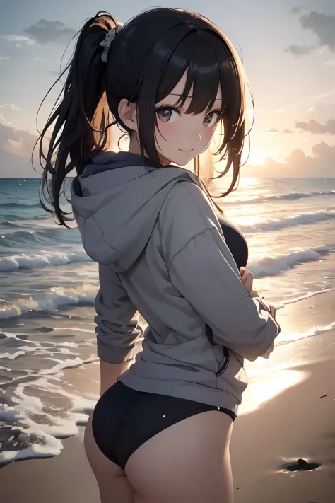 (masutepiece), (Best Quality), hyper detailed illustration，beautiful artwork，(Extreme Detail CG Unity 8K wallpaper、​masterpiece、top-quality)、(exquisite lighting and shadow、highly dramatic picture、cinematic lens effects)、Beach girl standing in grey hoodie a...