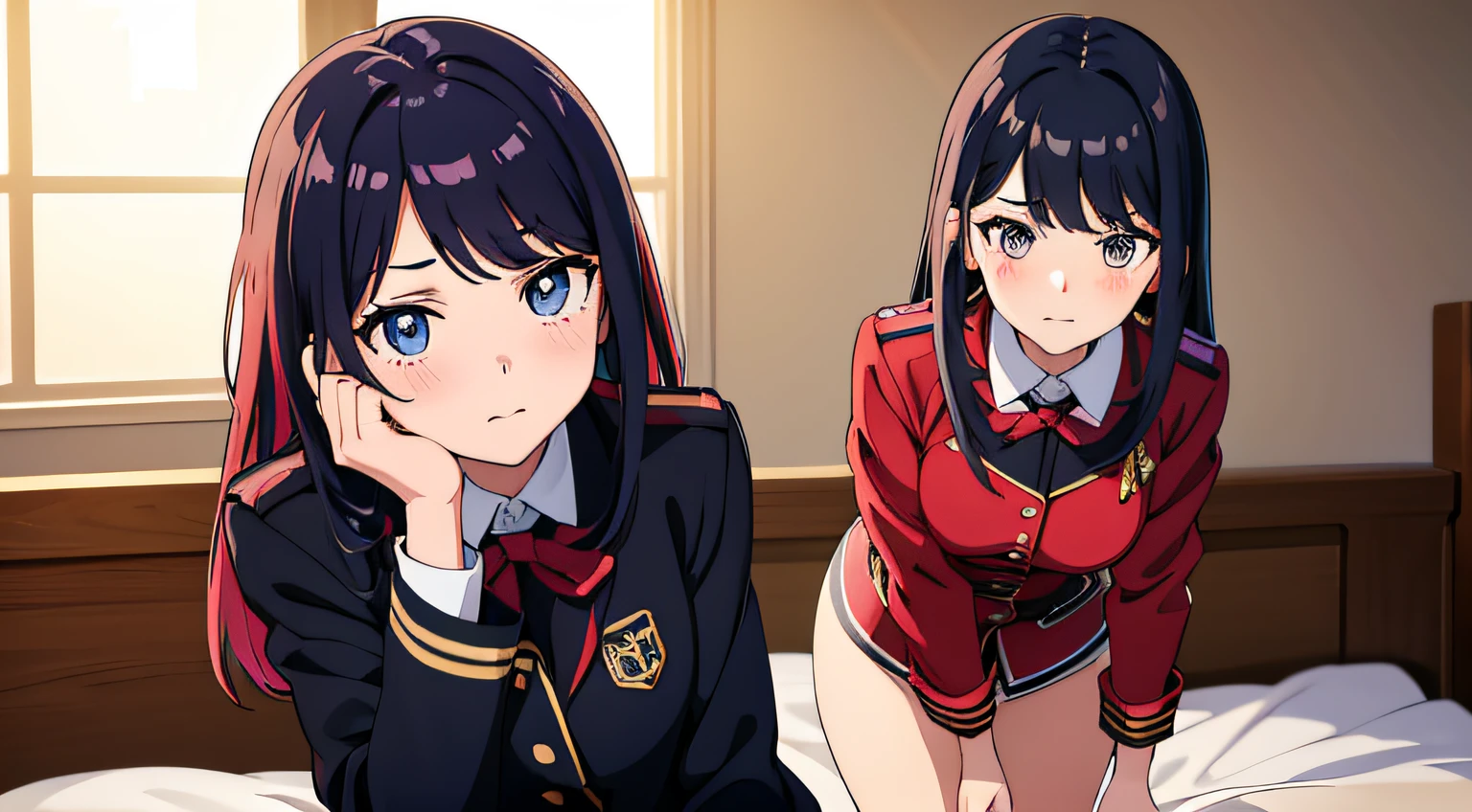 2 girls, (beautiful eyes finely detailed, multicolored  hair), wearing idol uniform, sit on the bed, full body, teasing facial expression, looking at the camera, blush on their face, bedroom, master piece, sidelighting, top-quiality, detailed, High Resolution anime illustration