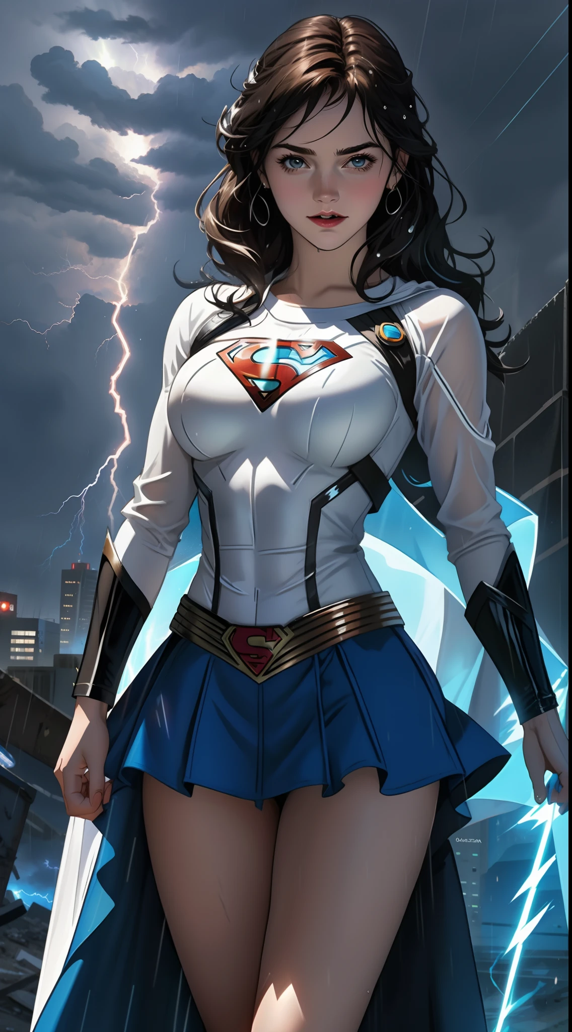 Un primer plano de una mujer con un disfraz de Superman de pie en una ciudad, Superchica, Gal Gadot como Supergirl, superhero body, super-hero girl, Super model, Superhero, amouranth as a super villain, hybrid of gal gadot, super hero, Gal Gadot as the Lord of Hell, the strongest superhero, Emma Watson como Supergirl,Apocalyptic destroyed city, lluvia cayendo, More detailed 8K.motor irreal:1.4,UHD,La mejor calidad:1.4, fotorrealista:1.4, textura de la piel:1.4, obra maestra:1.8,obra-prima, mejor calidad,objeto Objeto], (detailed face features:1.3),(mini-skirt white:1.4),(mostrando panties),(puesta de sol Apocalyptic:1.4),(White Superhero Costume:1.4),(cabello blanco canoso:1.4),(Rainy blue lightning background:1.4)