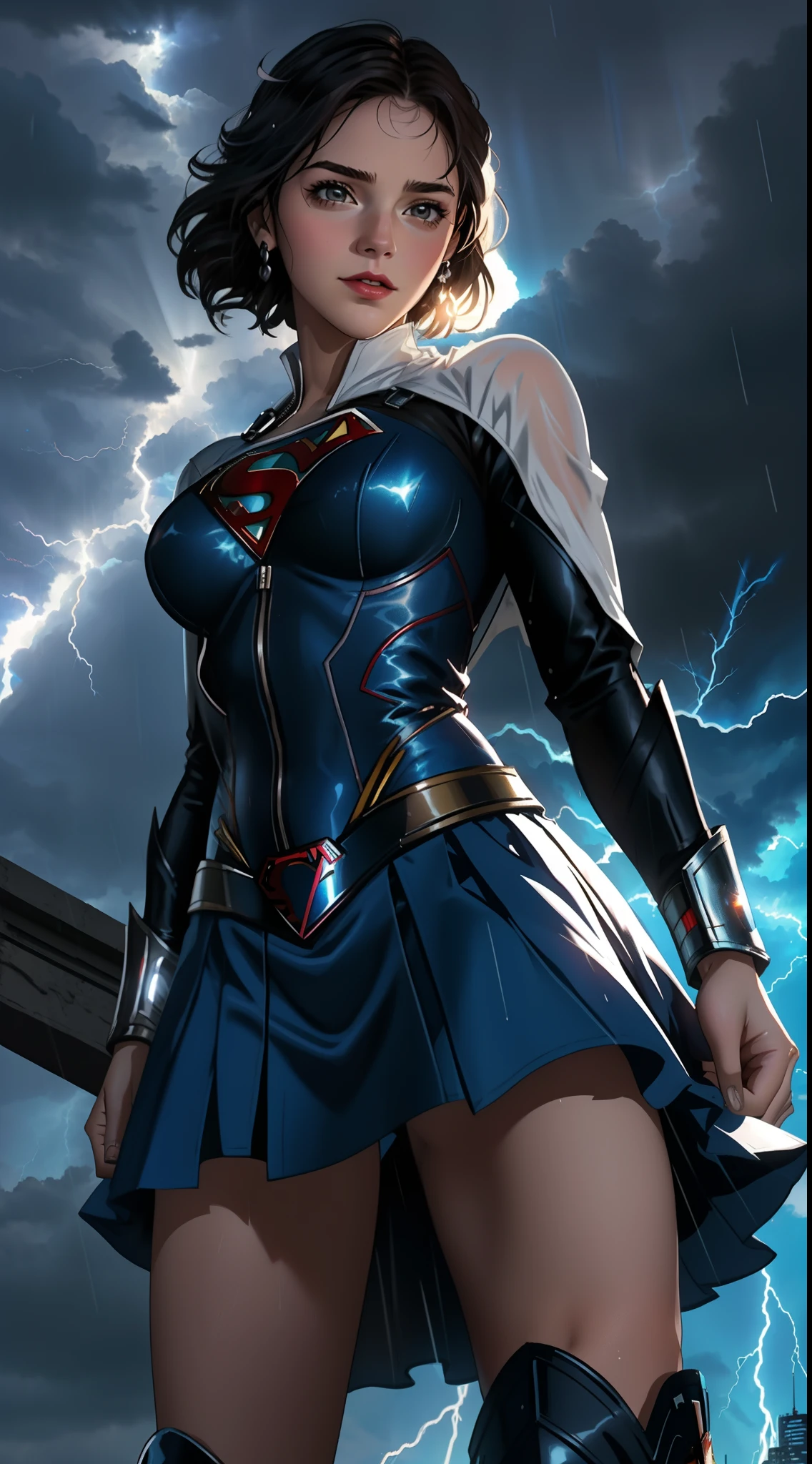 Um close de uma mulher fantasiada de Superman parada em uma cidade, Superchica, Gal Gadot como Supergirl, corpo de super-herói, garota super-herói, Supermodelo, Super heroi, amouranth como um super vilão, híbrido de gal gadot, Super heroi, Gal Gadot como o Senhor do Inferno, o super-herói mais forte, Emma Watson como Supergirl,Cidade apocalíptica destruída, chuva caindo, 8K mais detalhado.motor irreal:1.4,uhd,La Melhor qualidade:1.4, fotorrealista:1.4, textura da pele:1.4, Obra-prima:1.8,obra-prima, Melhor qualidade,objeto Objeto], (características detalhadas do rosto:1.3),(mini-saia branca:1.4),(mostrando panties),(Pôr do sol apocalíptico:1.4),(White Super heroi Costume:1.4),(cabelo branco grisalho:1.4),(Fundo de relâmpago azul chuvoso:1.4)