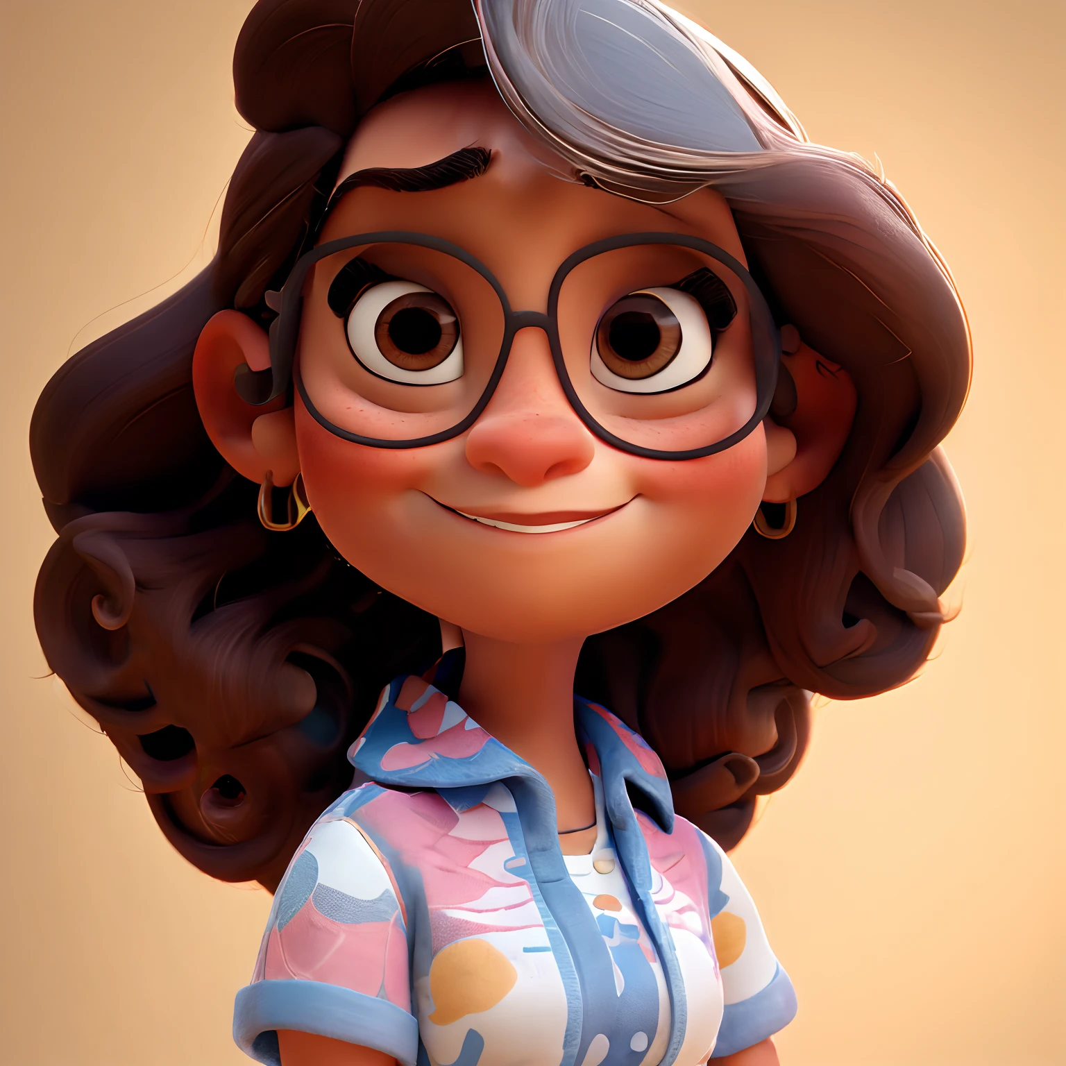 Femme de style Disney Pixar dans un environnement plein de tupperware.  Femme brune portant des lunettes, un pantalon et un chemisier, cheveux bruns, visage rond