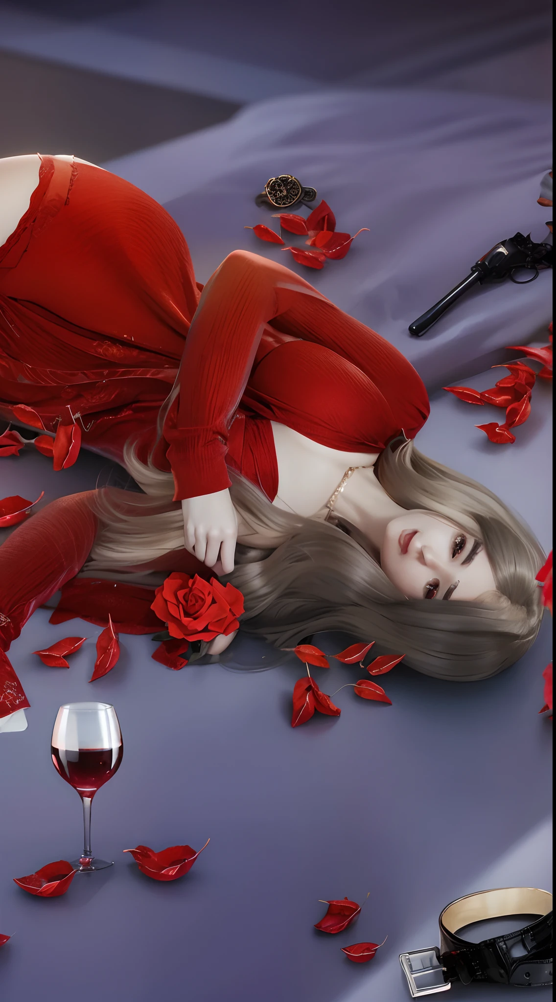 Femme blonde en robe rouge posée sur un lit avec des roses et un verre de  vin - SeaArt AI