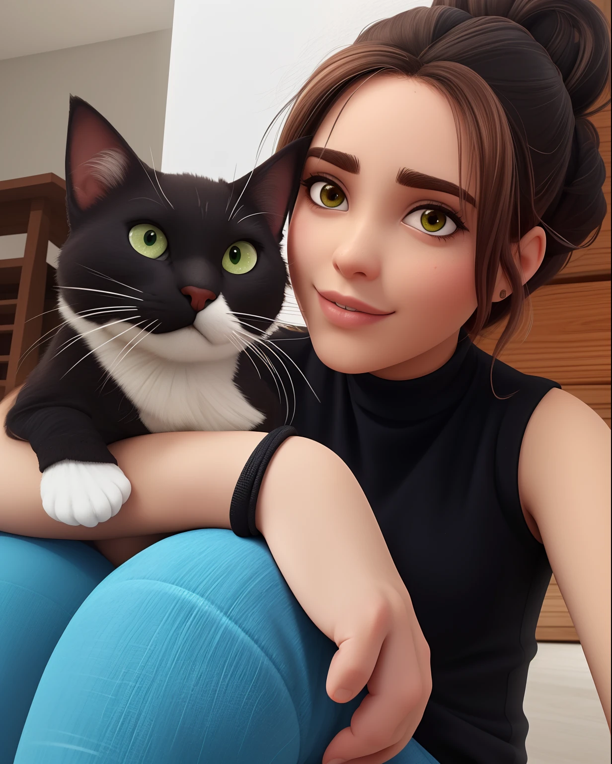 Arafed woman holding a cat in her arms while sitting on a couch - SeaArt AI