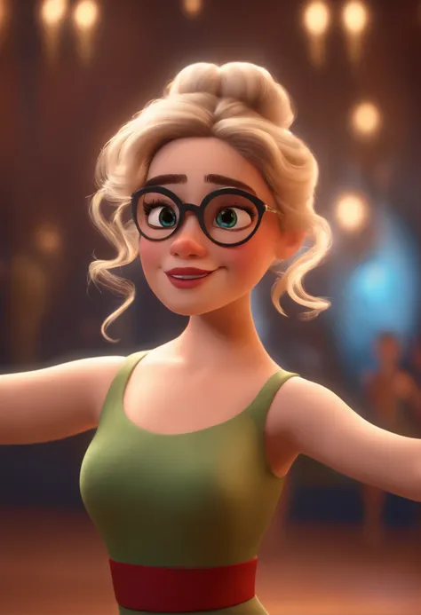 A cartoon girl with glasses and a green dress is holding a cell phone -  SeaArt AI