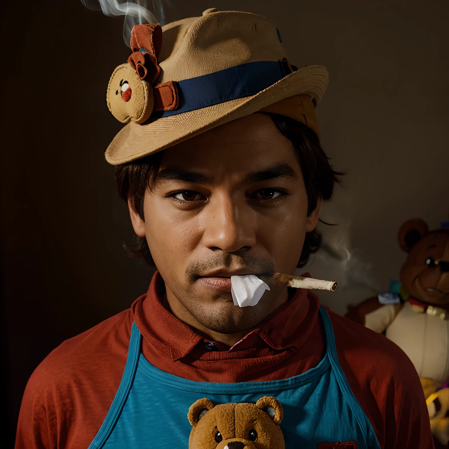 There is a man with a hat and a teddy bear smoking a cigarette - SeaArt AI