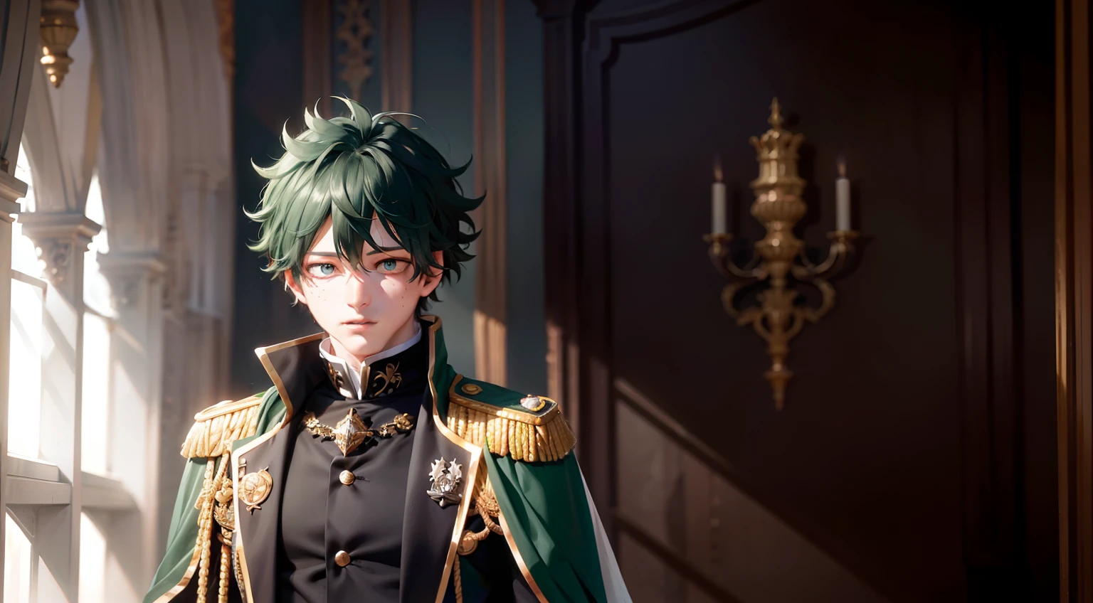 midoriya izuku, he is dressed in negro prince clothes with gold details, his cape is negro and glued to the collar of his costume, Su expresión es perversa, Se nota que se encuentra en un palacio medieval con colores neutros como: negro, gris y blanco. En este palacio hay grandes paneles de vidrio brillante, Paisaje luminoso. Sus ojos son verdes, Su cabello muy verde oscuro, Su cintura es delgada aunque es un hombre adulto, Alta resolución, obra maestra, Centrarse en el paisaje.