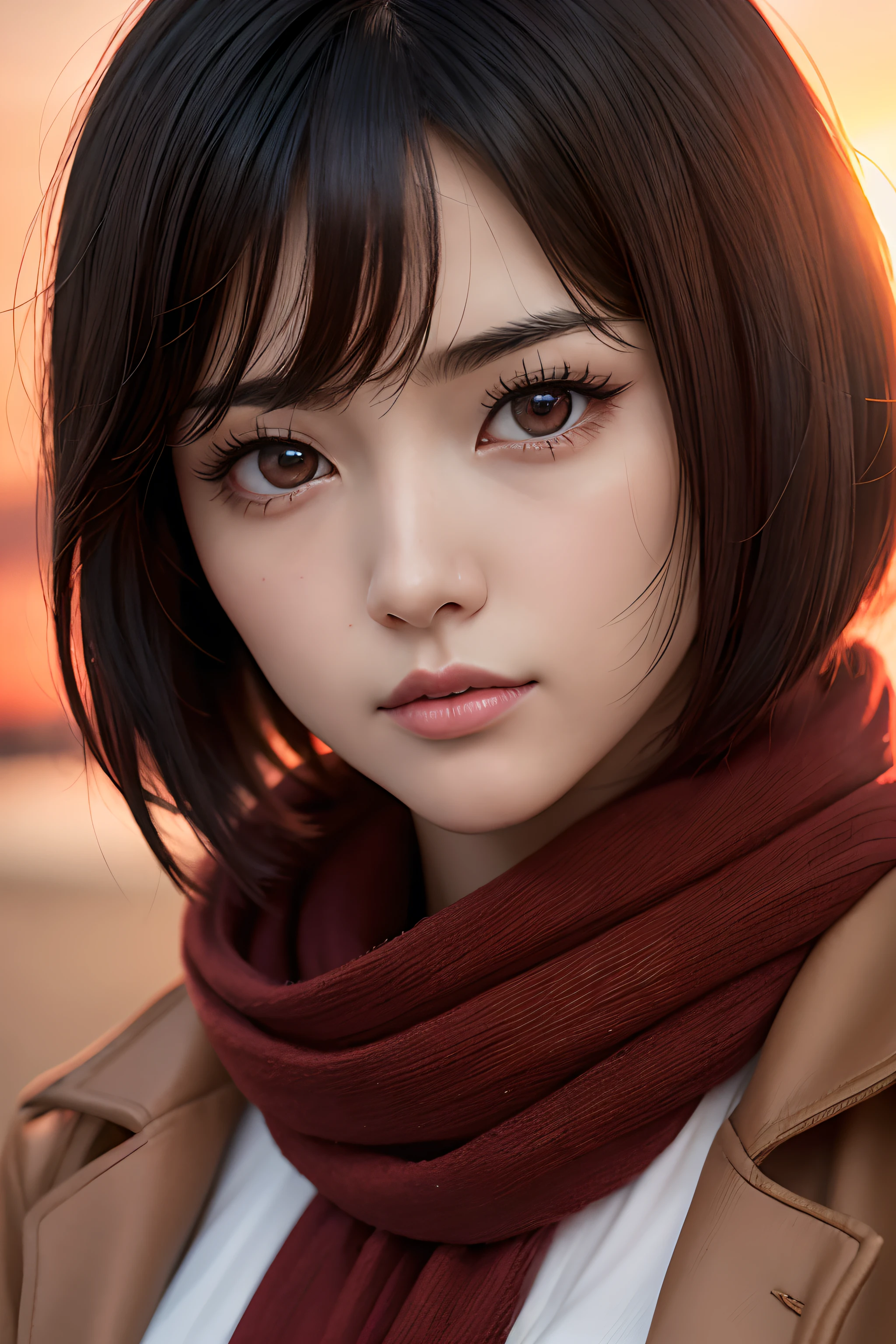 (extreme close-up)、(From  above)、１a woman in a、(Black hair berry shorthair)、Long bangs、(Sareme:1.2)、(Brown eyes)、(Big Eye:1.2)、tthin eyebrows、(A wistful look)、Wrap a red scarf around your neck、(looking at view)、(Korean ulzzang Face)、Portrait of Eren Yeager wearing a brown jacket over a white shirt, from attack on titan, Mikasa Ackerman, Red fiery sunset sky、Sky only background、