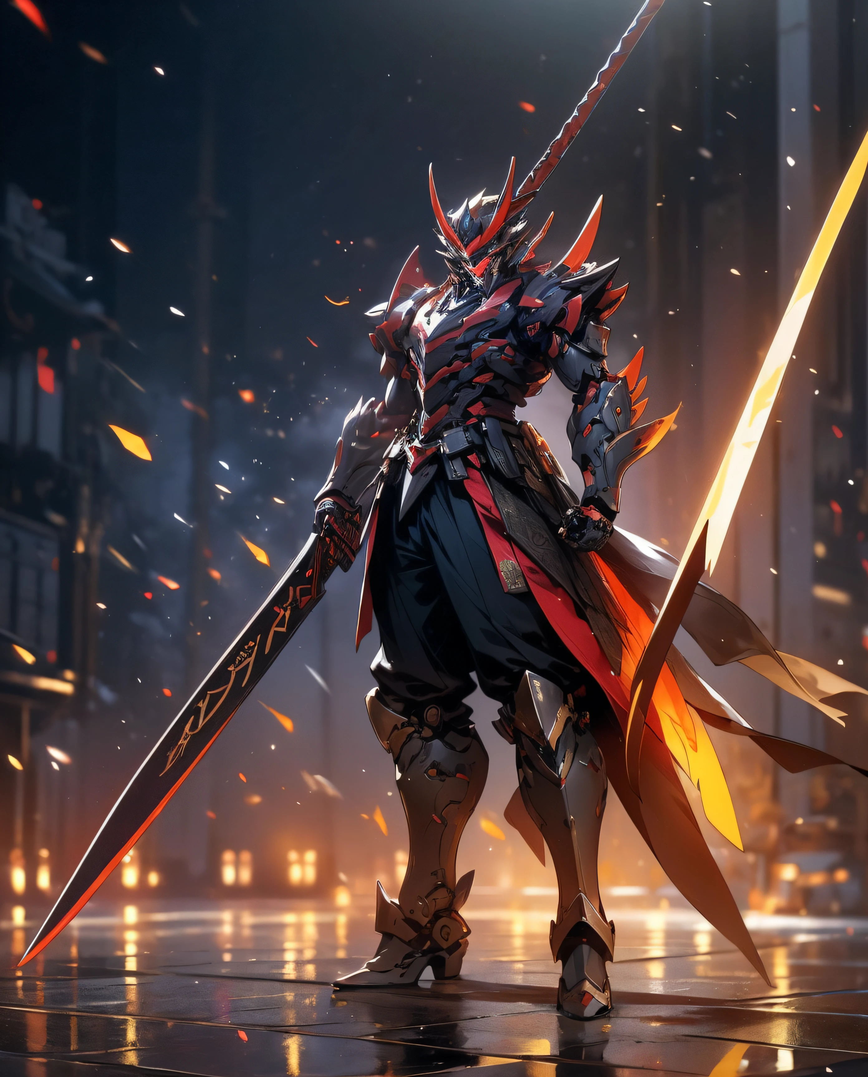 super wide shot, Full body frontal photo,Mecha male warrior，The heroic demeanor of the Three Kingdoms,《Mech color: Red and dark series》，（《Romance of the Three Kingdoms》，《Lü Bu》，Holding Fang Tian's halberd in his hand，），（Full body mecha）, Keqing from Genshin Impact, (Masterpiece) ， The best quality， High quality，Gold armor，电影灯光， （Exquisite future）， Beautiful and beautiful， Ultra detailed， great composition， Floating， Depth of field， （Very detailed CG，Unity 8k壁纸）， （Beautiful detail background）， dramatic lights， GOGETTA， Mecha，best qualtiy，Ultra-high 8K Ultra HD，digital SLR camera，high qulity，Film grain resolution