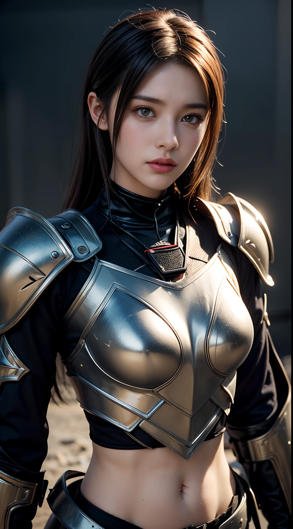 ((top-quality)), ((​masterpiece)), (detaileds:1.4),。.。.。.。.。.3D, Beautiful Cyberpunk Woman Image,nffsw(HighDynamicRange),Ray traching,NVIDIA RTX,Hyper-Resolution,Unreal 5,Sub-surface scattering,PBR Texturing,Postprocess,Anisotropy Filtering,depth of fields,Maximum clarity and sharpness,multi-layer texture,Albedo and specular maps,Surface Shading,Accurate simulation of light-material interactions,perfectly proportions,Octane Rendering,Two-tone lighting,Wide aperture,Low ISO、White Balance、thirds rule、8K Raw、(Armor with a black dragon design),(((Clothes and armor are tattered))),(((Clothes are stained with dirt or dust))),((Upper body portrait))