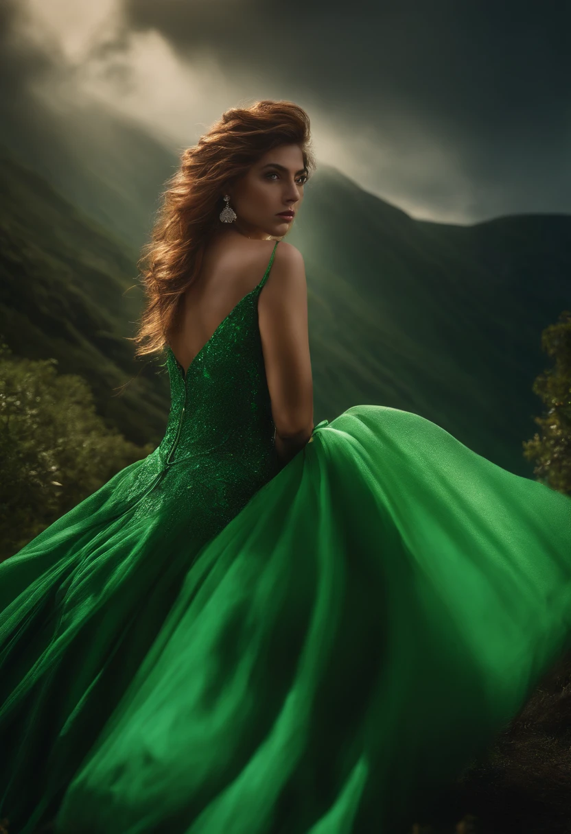 A woman in a green dress sitting on a rock in the mountains - SeaArt AI