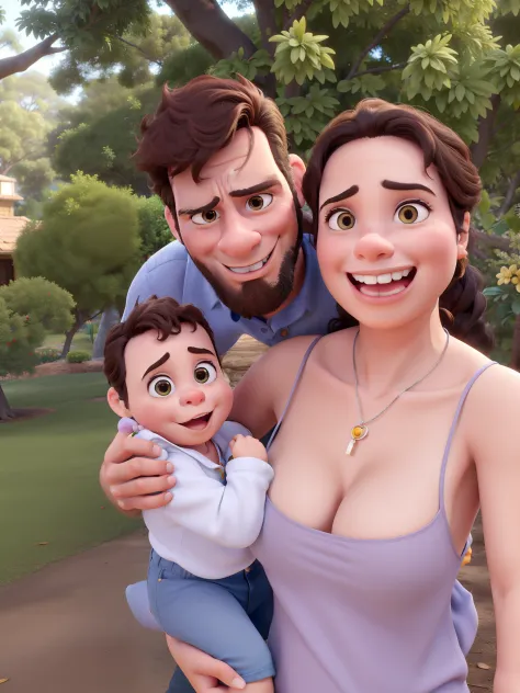 Um homem, a woman holding a baby, estilo disney pixar, alta qualidade, melhor qualidade