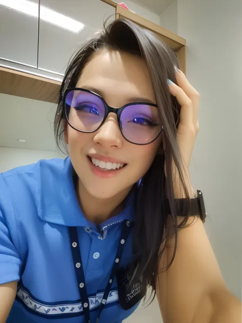 Smiling woman wearing glasses and a blue shirt with a blue collar, with glasses on, With eye Glasses, !!wearing modern glasses!!...