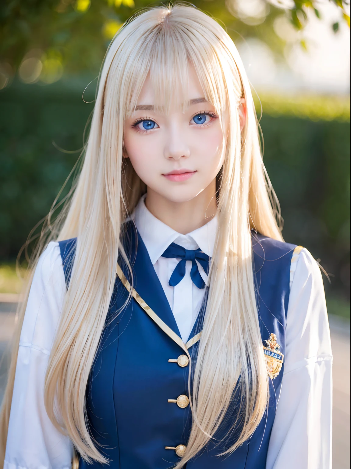 1 girl, Super long hair, Beautiful and cute 17 year old beautiful girl、Beautiful bangs、Very beautiful face、bright expression、(Bright and dazzling platinum blonde shining in gold)、Long straight hair、Eyebrows behind bangs、student clothes、School Uniforms、textured white skin, high details, Best Quality, 4K high resolution、glowy skin、Pale marine blue eyes that shine beautifully、