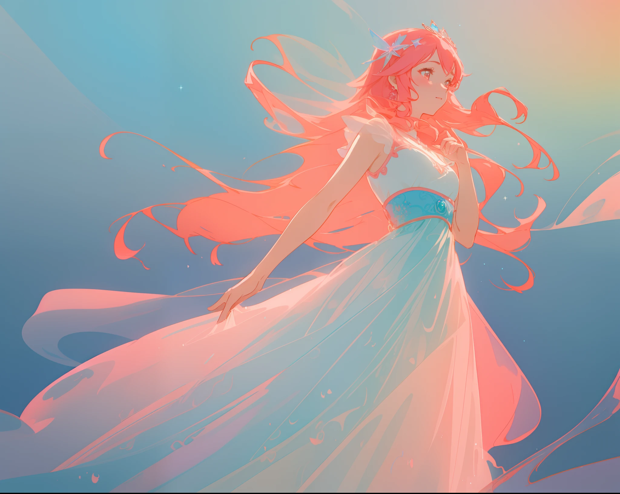 beautiful girl in pale blue and pink flowing ballgown, long flowing red peach hair, fantasia watercolor background, glowing aura around her, beautiful digital illustration, fantasia background, whimsical, magical, fantasy, beautiful face, ((masterpiece, best quality)), intricate details, highly detailed, sharp focus, 8k resolution, sparkling detailed eyes, liquid watercolor